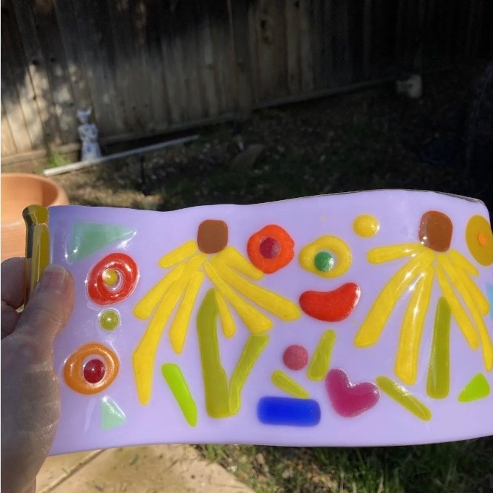 Yellow Cone Flowers on Lavender Handmade Fused Glass Wave Lavender Freestanding